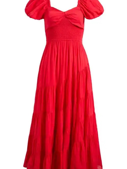 Free People Red Puff-Sleeve Tiered Maxi Dress